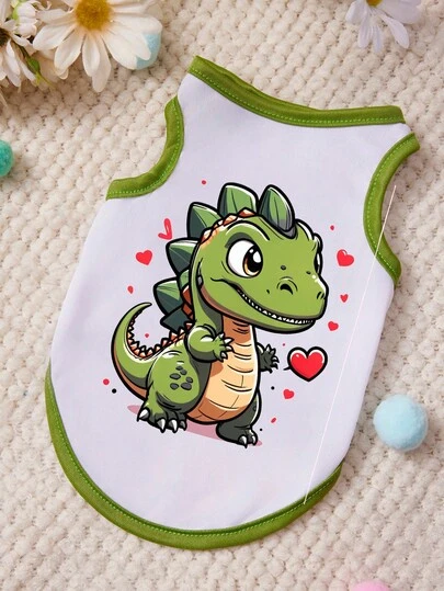 PETSIN 1 Cute Dinosaur Printed Pet Vest With White Grass Green Patchwork Color, Soft And Breathable, Comfortable Pet Clothing
