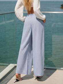 SHEIN ICON Women's Striped Drawstring Waist Pocket Casual Versatile Daily Wear Wide Leg Pants - Multicolor - View 2