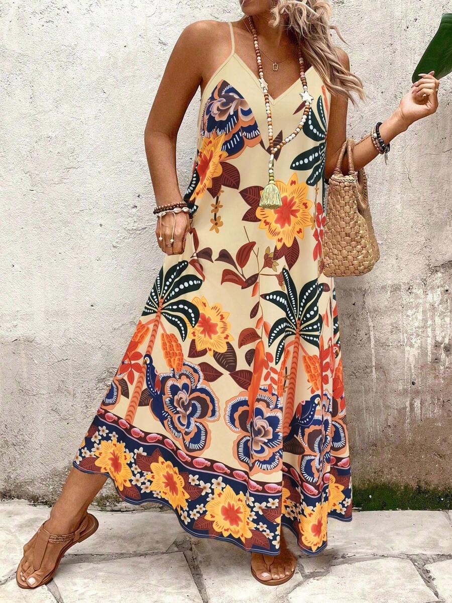 SHEIN Holidaya Đầm maxi dáng rộng màu kaki in hoa và chim dành cho nữ cỡ lớn, phong cách thường ngày, thanh lịch, đa năng, ngọt ngào, sang trọng, retro, đi biển, nghỉ hè. - Màu Khaki - Xem 1