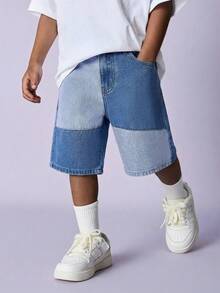 SHEIN Tween Boy Fashion Casual Vintage Cool Street Comfortable And Simple Basic Casual Light And Dark Blue Striped Denim Shorts For Dailywear And Spring To Summer Rave Festival And Streetwear Patchwork Denim Jean Pant Short Boys Short Jeans - Blue - View 2