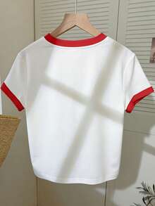 Resyla Women's Chili Pepper Print Contrast Color Round Neck T-Shirt - White - View 2