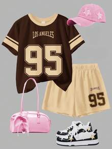 卡其色，时尚街头风针织衫，95号图案，少女休闲简约短袖圆领T恤和短裤两件套，适合夏季和秋季穿着，舒适透气，适合秋季儿童叠穿，时尚童装，休闲服饰，儿童图案服装，返校季，秋季服装，返校节，适合户外野餐、街头摄影、居家和校园穿着。 - 彩色 - 查看 3