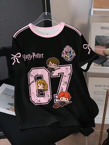HARRY POTTER X SHEIN Áo thun cổ tròn tay ngắn, kiểu dáng thường ngày, đa năng dành cho bé gái tuổi teen. - trắng - Xem 1