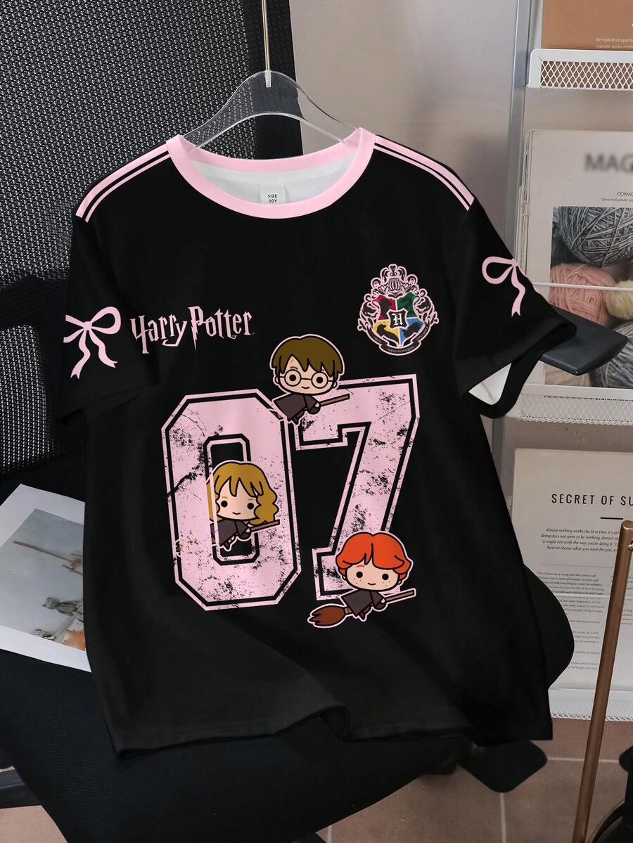 HARRY POTTER X SHEIN Áo thun cổ tròn tay ngắn, kiểu dáng thường ngày, đa năng dành cho bé gái tuổi teen. - trắng - Xem 1