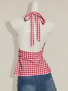 SHEIN ICON 女士红白格子露背吊带深V领A字背心 - 可爱复古Y2K甜美风，适合春夏、海滩度假、野餐、下午茶、节日、约会和旅行 - 彩色 - 查看 7