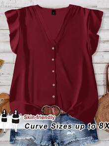 SHEIN CURVE+ 大码女式日常休闲度假V领黑色宽松衬衫，夏季度假外出上衣/秋冬季 - 酒紅色 - 查看 7