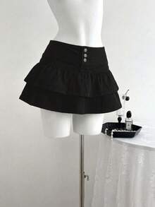 SHEIN PETITE Women's Ruffled Hem Denim Mini Skirt - Black - View 1