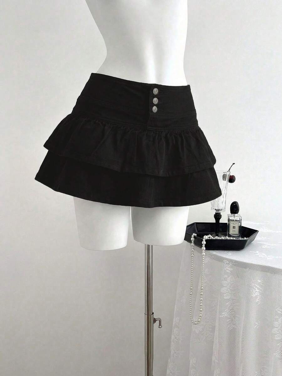 SHEIN PETITE Women's Ruffled Hem Denim Mini Skirt - Black - View 1