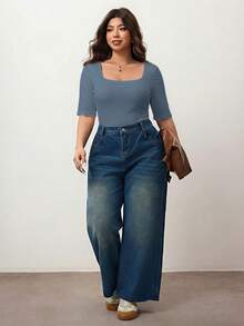 Enliva Plus Size Women's High Elastic Square Neck Short Sleeve T-Shirt,Dusty Blue,Autumn,Smart Casual,Everyday Cotton Tee For Apple Rounded Curves - Navy Blue - View 5