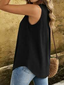 Linavere Áo tank top nữ thời trang thường ngày dáng rộng không tay cổ chữ V - Thiết kế cúc giả - Phong cách tối giản thanh lịch, phù hợp cho đi làm và mặc hàng ngày - Áo đen nữ - màu đen - Xem 2