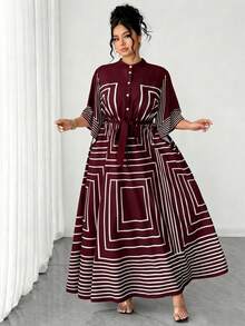 Elenzga Đầm dài tay cổ đứng dáng chữ A, họa tiết kẻ sọc đen trắng, tay lửng, kiểu dáng thanh lịch, thích hợp cho mùa xuân/hè, màu đen, dành cho người có vóc dáng đầy đặn. - Màu Đỏ Sâu - Xem 4