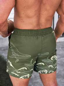 ZELFYO Pantalones cortos de playa casuales con cordón en la cintura y estampado de ballena para hombres - Verde Oliva - Ver 2