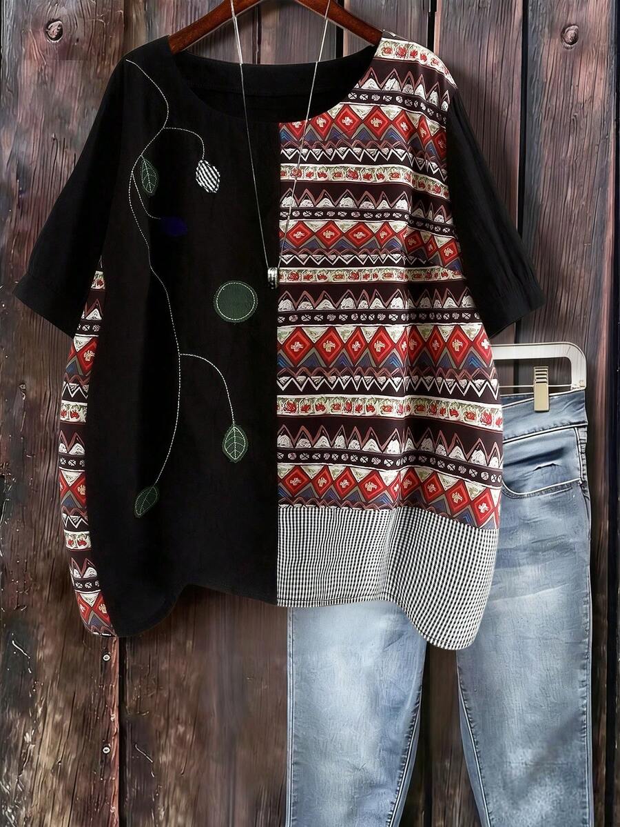 SHEIN LUNE CURVE 大码拼接圆领短袖衬衫 - 彩色 - 查看 1