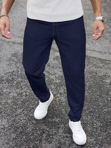 Manfinity Homme 男士休闲抽绳腰锥形裤，适合日常穿着 - 藍色 - 查看 6