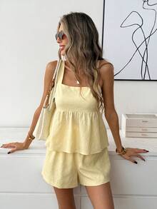 Easowa Bộ đồ gồm áo hai dây dáng chữ A cổ vuông hở lưng thắt nơ, gấu áo xếp ly và quần short dáng chữ A cạp chun, vải dệt hoa jacquard, màu vàng nhạt, phong cách thường ngày thoải mái, thanh lịch, thích hợp mặc đi làm hoặc đi nghỉ mát, bộ đồ 2 mảnh mùa xuân/hè cho nữ, bộ đồ đi nghỉ mát cho nữ, bộ đồ hè cho nữ, bộ đồ hai mảnh bằng vải lanh cho nữ, bộ đồ hè 2 mảnh cho nữ. - Vàng nhạt - Xem 6