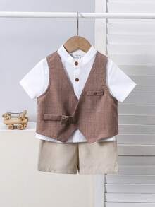 SHEIN Baby Boy Solid Color Single-Breasted Short Sleeve Top, Vest And Shorts Casual Gentleman Suit Set - Multicolor - View 3