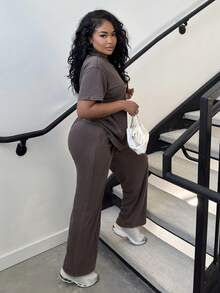 Alexandranx Autumn/Winter Casual Homewear Set: Crew Neck Short Sleeve Top And Straight Leg Distressed Loose Pants - Brown - View 3