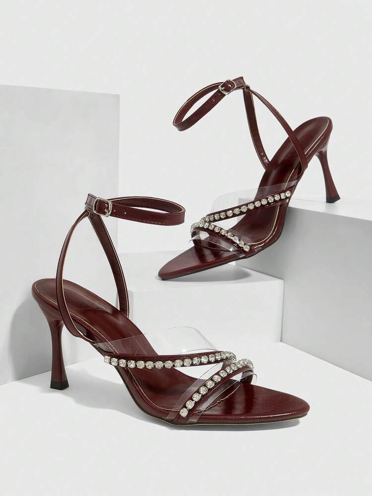 CUCCOO SZL Women Shoes Crossed With Rhinestones Decorative Square Toe Stiletto Sandals Daily Dating Party Prom Heels