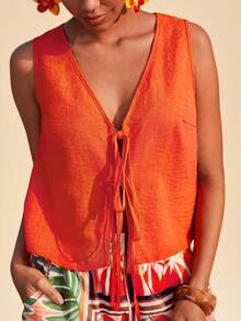 Travachic 2026春夏新款印花长裤+撞色系带无袖背心两件套，度假风，梭织印花，女士休闲夏季度假装，波西米亚海滩度假装，波西米亚时尚，乡村音乐会装，节日庆典装，女士海滩装，女士夏季装，复古富家女装，毕业典礼装，夏季连衣裙，女士生日礼服，波西米亚风服饰 - 彩色 - 查看 3