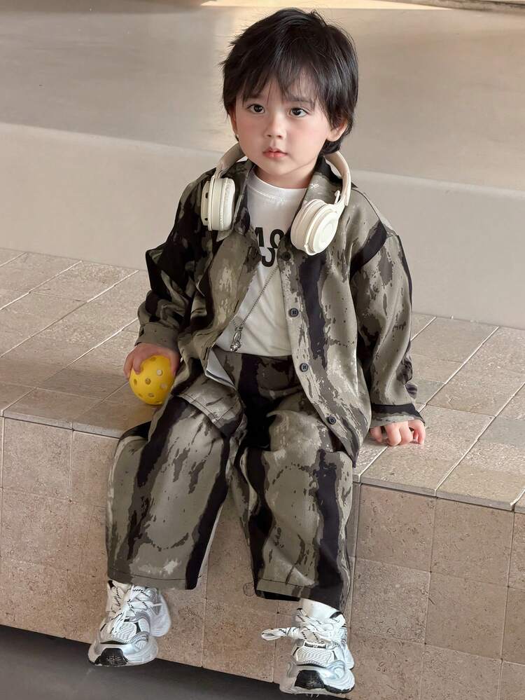 2pcs Toddler Boys' Gradient Korean Style Long Sleeve Shirt And Pants Set