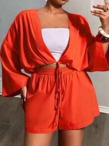 Slaydiva 2pcs/Set Plus Size Women's Music Festival Tie Front Long Sleeve Top And Shorts,Red And White,Autumn,Smart Casual,Vacation Orange Kimonos Yacht Outfit - Orange - View 8