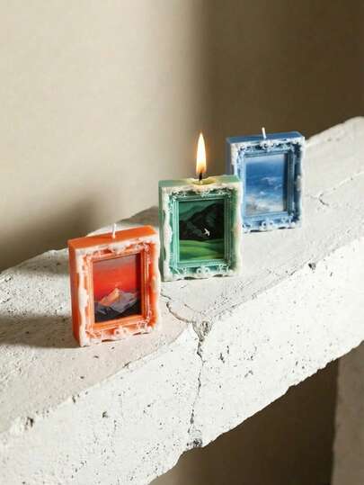 Cirelle 1件油画相框造型香薰蜡烛批发摆件拍摄道具，氛围感十足的闺蜜礼物，适用于生日蛋糕、结婚纪念日、求婚纪念、毕业典礼派对蛋糕装饰（蓝红绿）