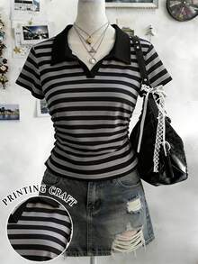 Lalippa 女士条纹翻领短袖褶皱休闲T恤 - 黑色 - 查看 1