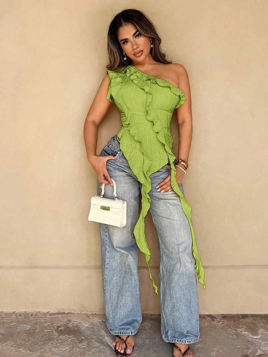 Women's Asymmetric Ruffle Trim Blouse, Fitted Waist Design, Elegant Asymmetric Hem, Multi-Layer Ruffle Trim - Mint Green - View 1