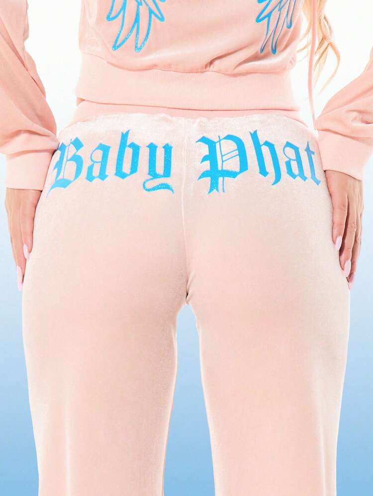 BABYPHAT Women's Velour Wide Leg Joggers With Gothic Font Branding Drawstring Waist Casual Loose Fit Pink Sweatpants For Fall Winter