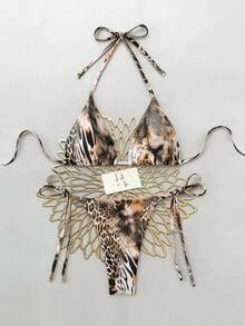 Swim SXY 2件套动物纹随机图案挂脖三角比基尼上衣和侧系带丁字裤性感女士泳装套装，春夏款 - 彩色 - 查看 3