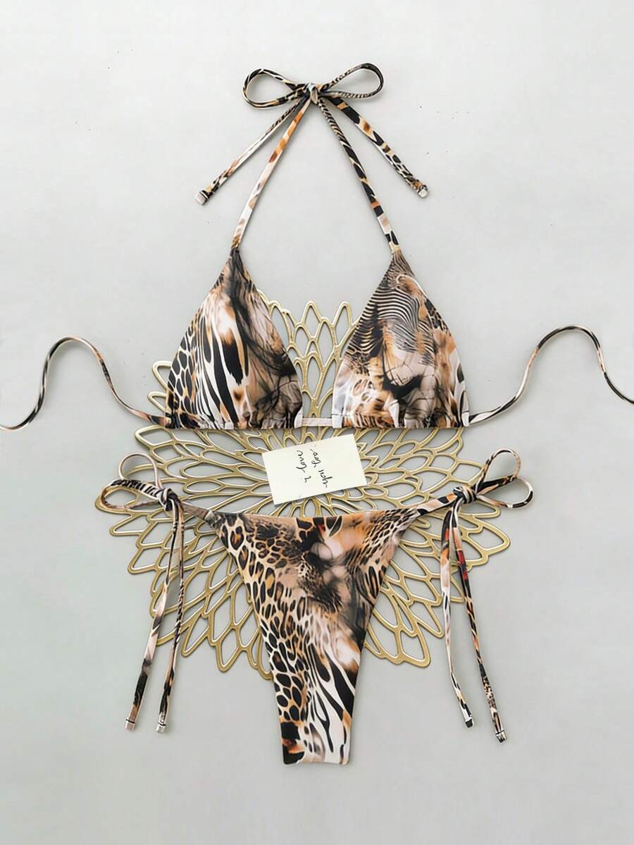 Swim SXY 2件套动物纹随机图案挂脖三角比基尼上衣和侧系带丁字裤性感女士泳装套装，春夏款 - 彩色 - 查看 1
