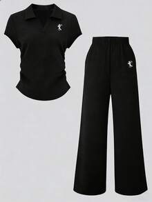 少女刺绣短袖T恤和裤子休闲套装 - 黑色 - 查看 6