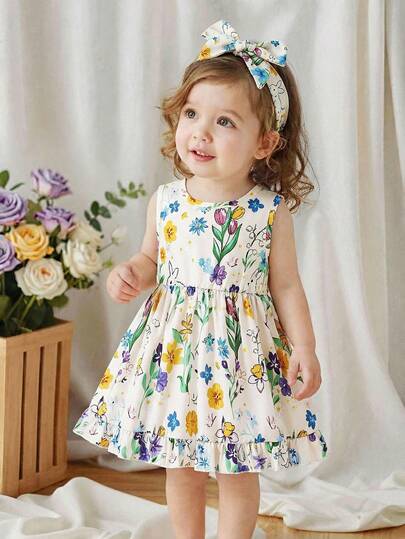 Souflis Baby Girls' Summer Floral Dress, Soft Color Gradient Sweet Atmosphere, Classic Botanical Floral Pattern Minimalist Yet Fashionable, Bow Decor Back Design Cute And Eye-Catching, Loose Fit Comfortable For Strolling, Lazy Home Time, Family Outing And Party