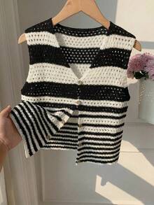 SHEIN EZwear Áo vest dệt kim khoét lỗ một hàng cúc, kẻ sọc nhiều màu dành cho nữ - Nhiều màu - Xem 11