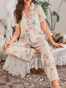 Serenescape Bubble Wrinkle Floral Print Short Sleeve Pajama Set - Apricot - View 3