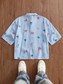 SWAVVY Men's Plaid & Cartoon Print Button-Front Short Sleeve Shirt - Blue - View 2