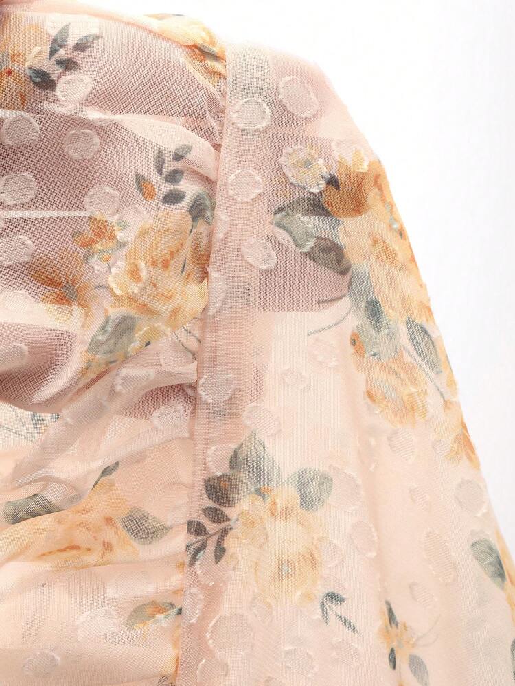 Spring & Summer Pink Floral & Polka Dot Print Chiffon Blouse With Tie Front, Casual, Beach, Vacation, Elegant, Commute, Short Sleeve, Ruffle Hem Babydoll Top Boho