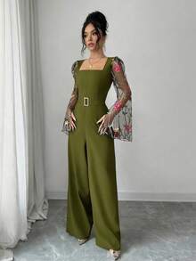 Rafferiza 2026 Frühling/Sommer Neuer eleganter minimalistischer Langarm Jumpsuit für Frauen mit besticktem Mesh-Einsatz, taillierter Passform und Metallknöpfen - Armeegrün - Übersicht 7