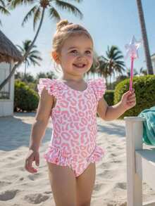 SHEIN Baby Girls' Beachwear One-Piece Swimsuit, Cute & Conservative Knit Fabric, Playful Pink Leopard Print, Ruffled Sleeves Design, Suitable For Swimming, Summer Vacation, Beach, Pool, Holiday Party - Pink - View 4
