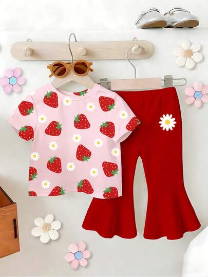2pcs/Set Baby Girls 6 Months - 2-3 Years Old Energetic Sweet / Fresh Fruit Strawberry All-Over Print Short Sleeve Top + Red Flare Pants, Lightweight Fabric Cute Outfit For Daily Wear, School, Casual Play, Spring/Summer/Autumn