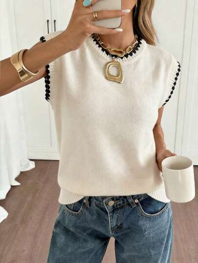 Siren Gaze Casual Minimalist Retro Elegant Commute Versatile Warm Shell Embroidery Detail Design, Beach/Vacation Outfit, Women Summer Sweater