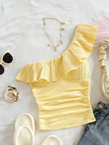 GlowEve Nueva blusa casual, versátil y suave para mujer, de color amarillo crema, con textura, volante asimétrico en el hombro y que realza la cintura - Amarillo - Ver 1
