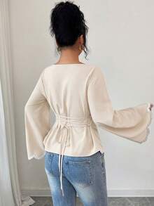 SHEIN Elenzya 1pc Women's Spring/Summer Wavy Heart Woven Trim Ruched Waist Blouse - Apricot - View 3