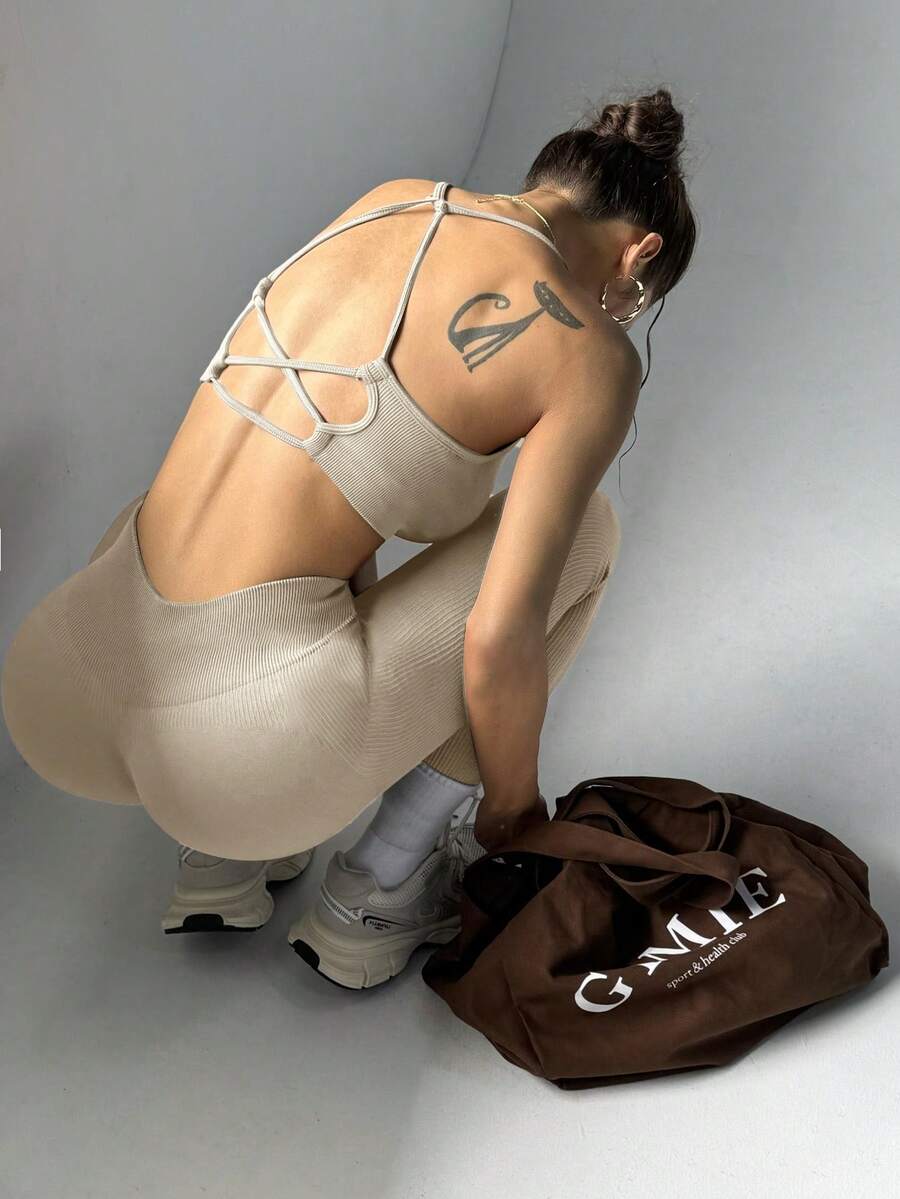 Easithlete Easithlete 2件組女款素色後綁帶細肩帶上衣與緊身褲運動套裝,米色夏季性感健身休閒運動瑜伽服 - 奶油白 - 查看 1