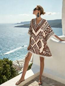 Breezaya 2026 New Spring/Summer Vacation Casual Bohemian Style Loose Batwing Sleeve Straight Silhouette Slightly A-Line Unwaisted V-Neck Fringe Hem And Cuff Design Dress, Available In Apricot, Khaki, And Digital Printed Vacation Dress For Women - Khaki - View 1