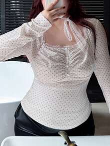 Dazy Plus Plus Size Women's Solid Color Fitted Lace-Up Long Sleeve Cropped T-Shirt, Spring/Autumn - White - View 4
