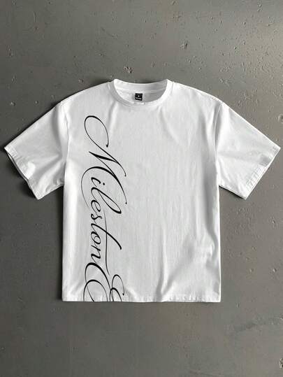 StoneGrade Camiseta de manga corta holgada de corte estándar para hombre con estampado de eslogan de carta inglesa manuscrita vintage estadounidense, esencial para citas y reuniones, atuendo de moda, adecuado como regalo para el novio