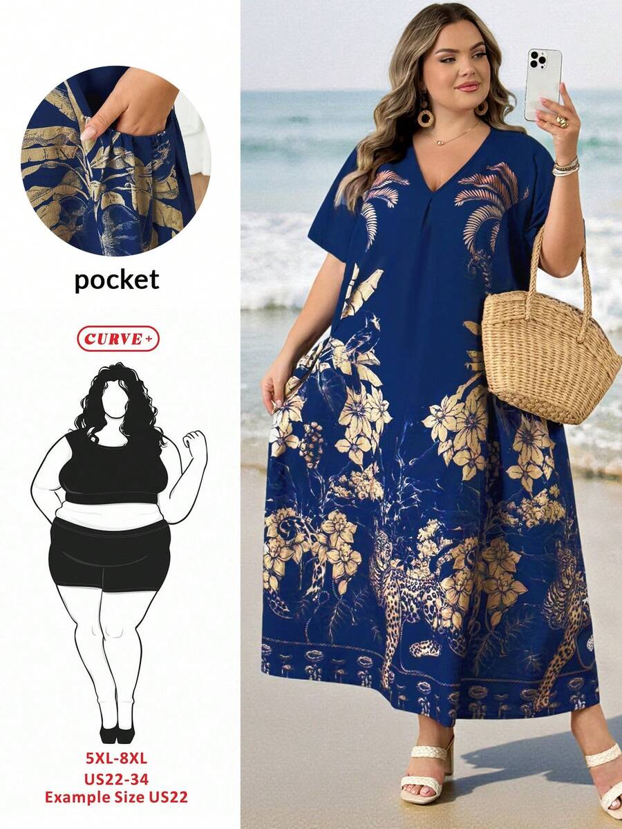 SHEIN CURVE+ Đầm cỡ lớn kiểu dáng thường ngày in họa tiết da báo và hoa - Màu xanh lam - Xem 1