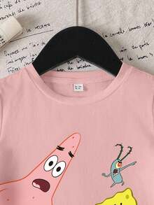 SpongeBob SquarePants | SHEIN Áo thun tay ngắn cổ tròn in hình hoạt hình dành cho bé gái - trắng - Xem 3