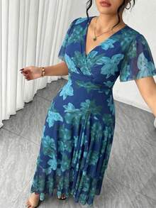 Elenzga Plus Size Women Floral Print V-Neck Ruched Waist Elegant Party Dress Plus Size Women's Clothing Stores Online Plus Size Evening Gowns Wedding Guest Outfits For Women Curve Occasion Dresses For Ladies Plus Size Women's Summer Outfits Plus Size Elegant Dresses For Women - Blue - View 4